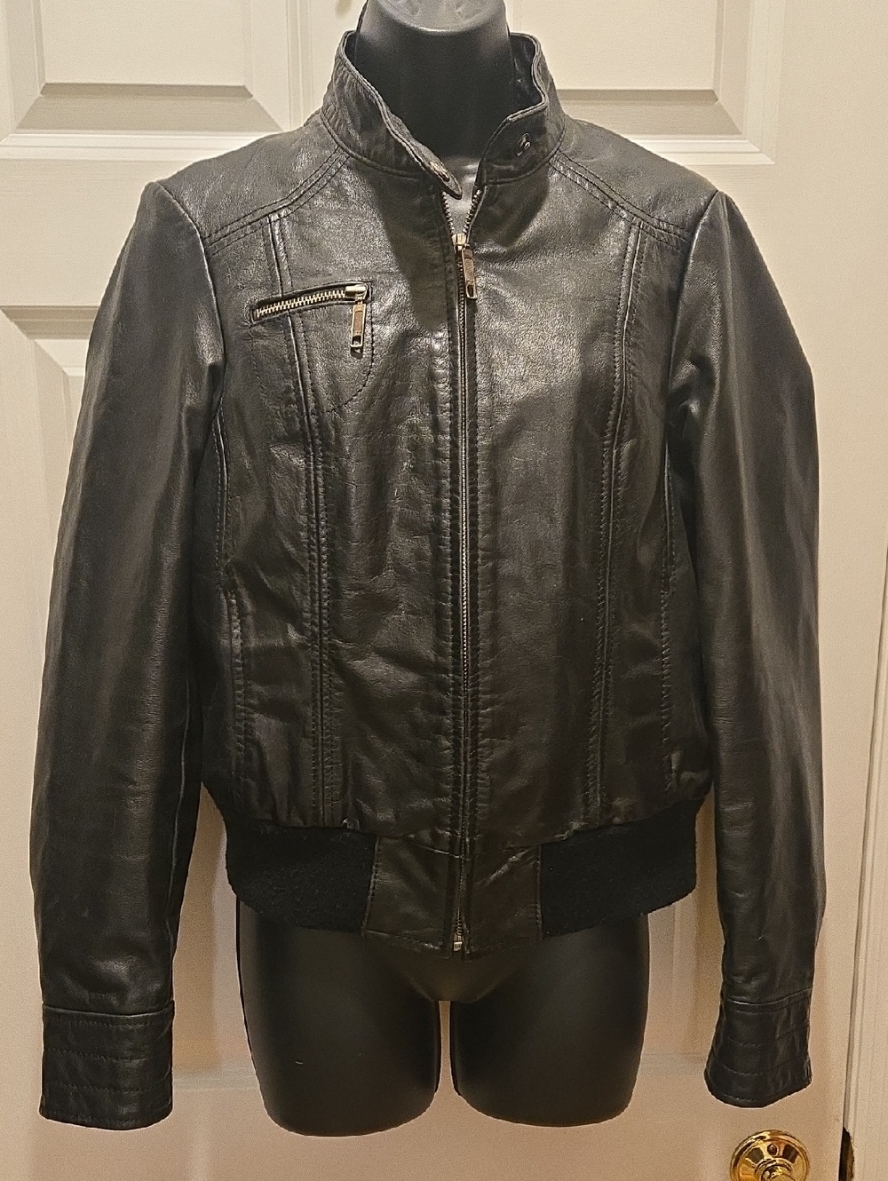 Genuine Buffalo Leather Moto Jacket XS Zip Front Black Button Zipper Ribbed